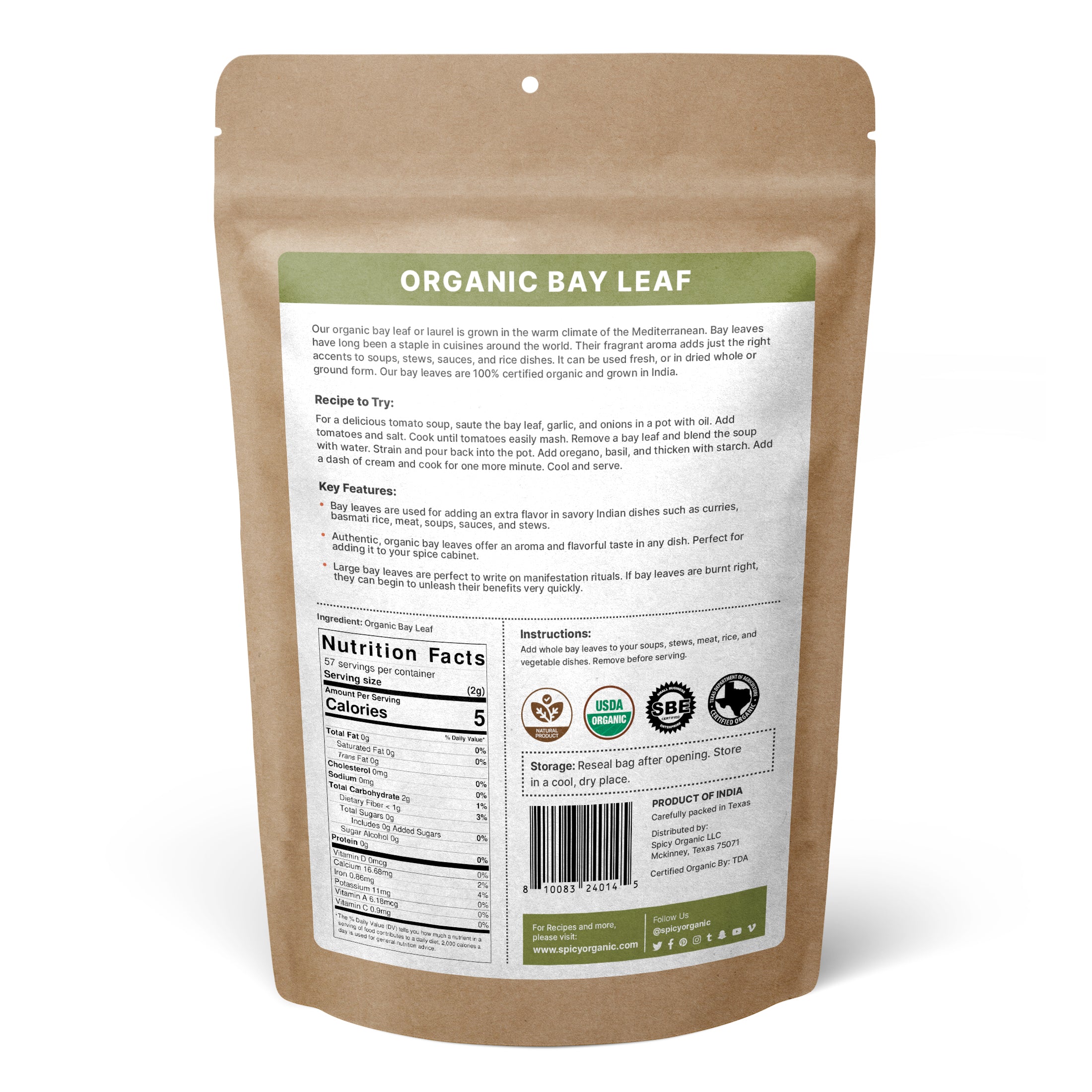 Organic Bay Leaves — USDA Certified, Non-GMO | Soups, Slow Cooking & Pickling Brines