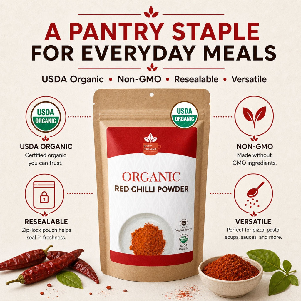 Organic Red Chili Powder — USDA Certified, Non-GMO | Curries, Marinades & Spice Blends