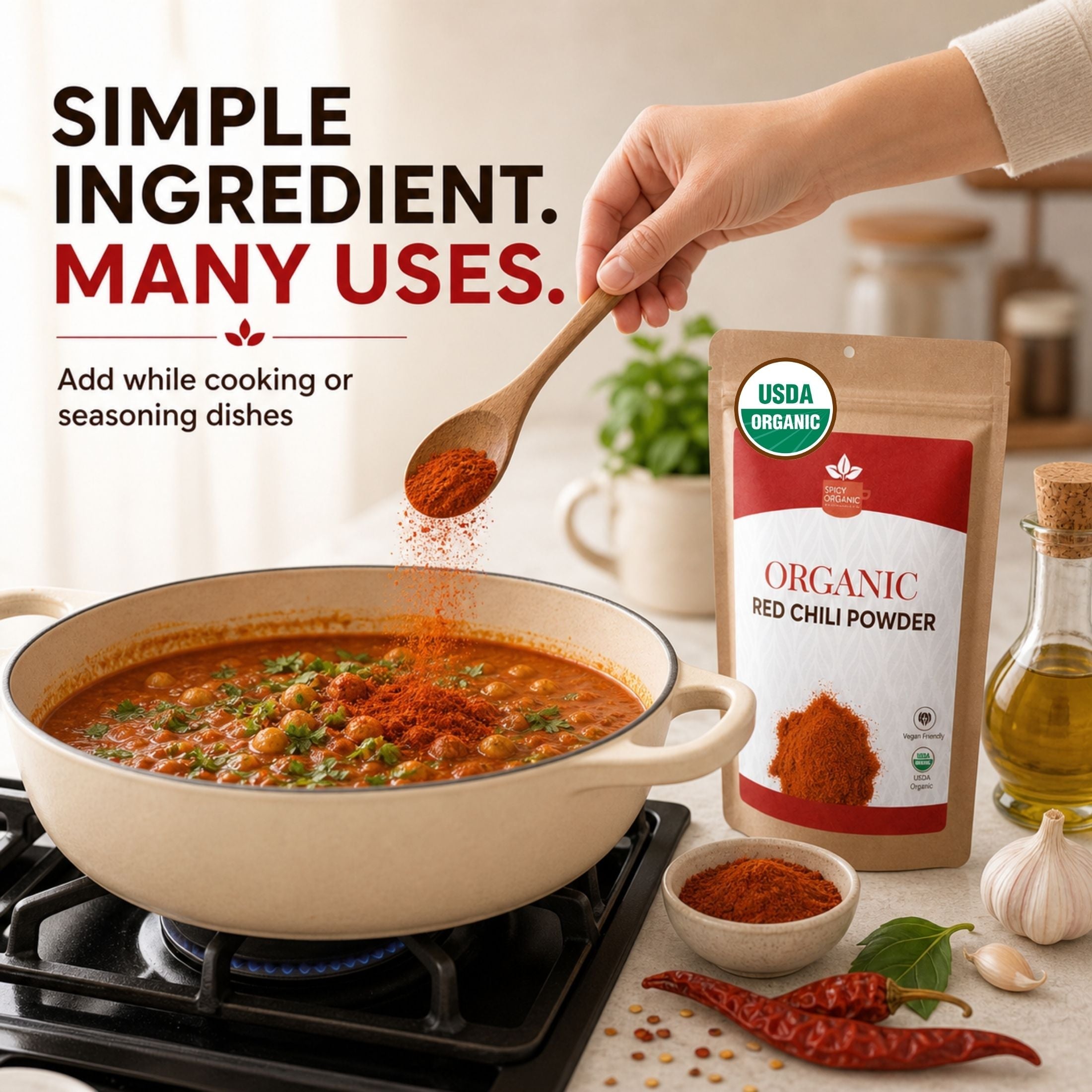 Organic Red Chili Powder — USDA Certified, Non-GMO | Curries, Marinades & Spice Blends