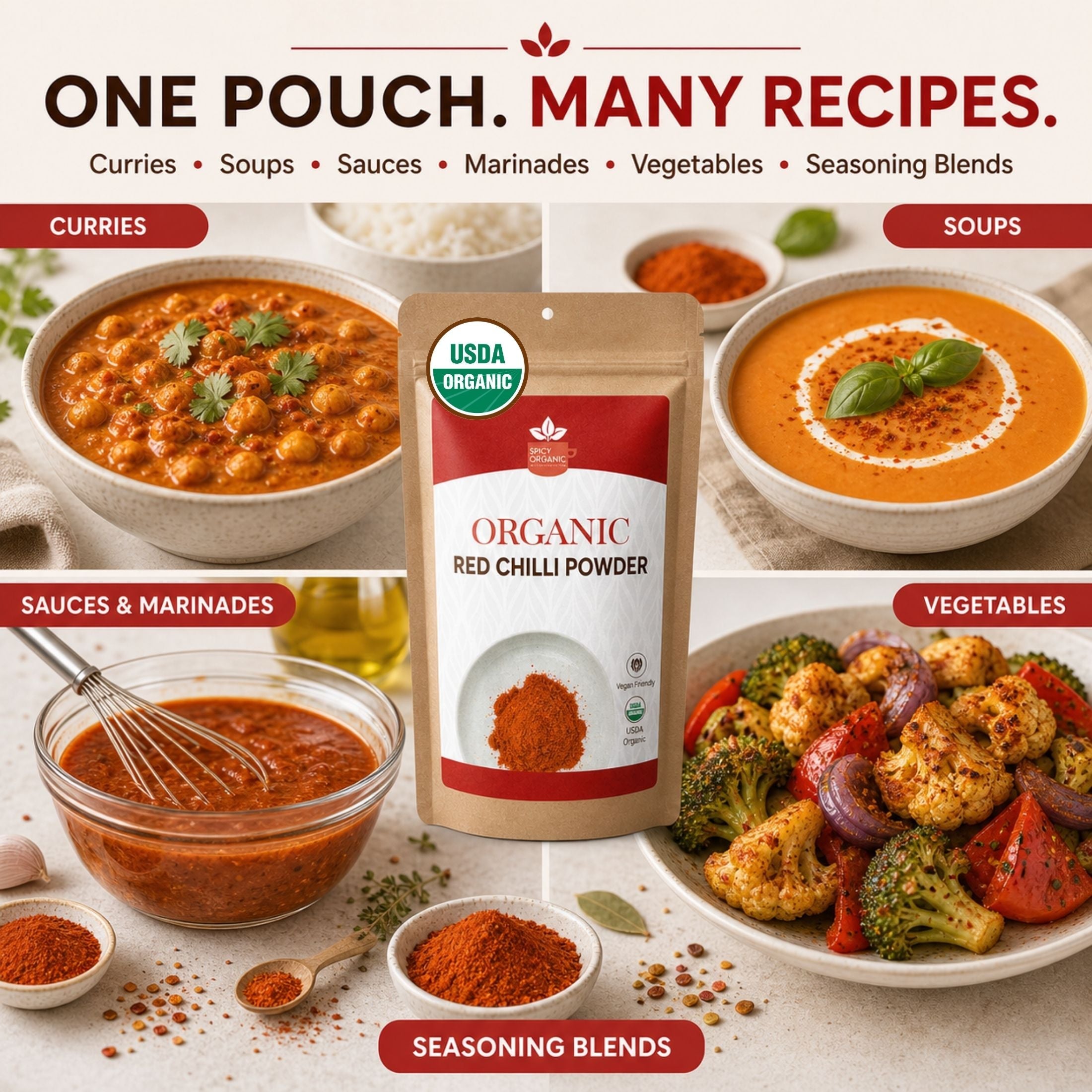 Organic Red Chili Powder — USDA Certified, Non-GMO | Curries, Marinades & Spice Blends