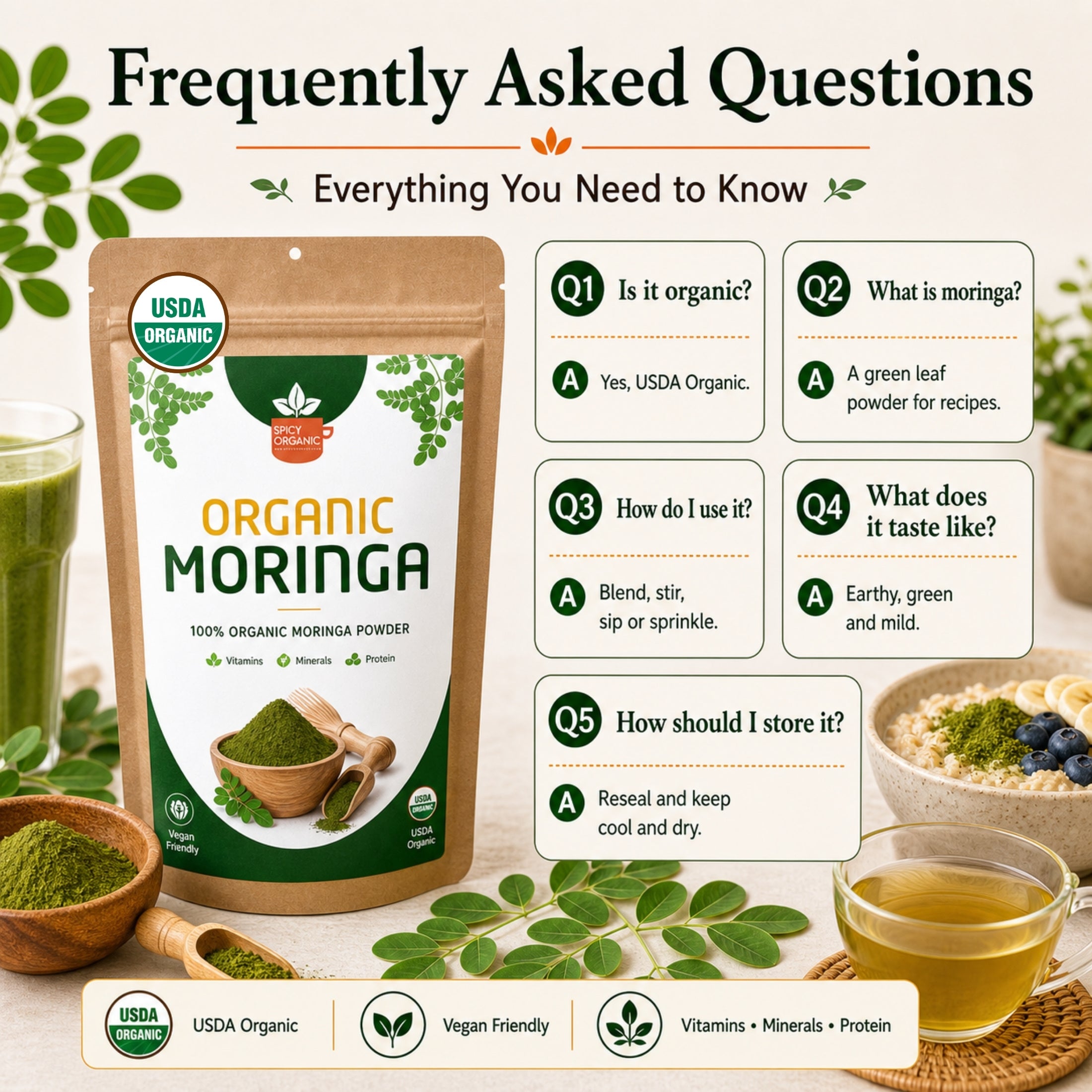 Organic Moringa Powder — USDA Certified | Smoothies, Golden Milk & Superfood Blends from India