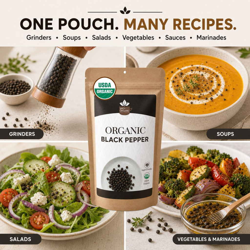 Organic Black Peppercorns — USDA Certified, Non-GMO | Grinding, Marinades & Spice Blends