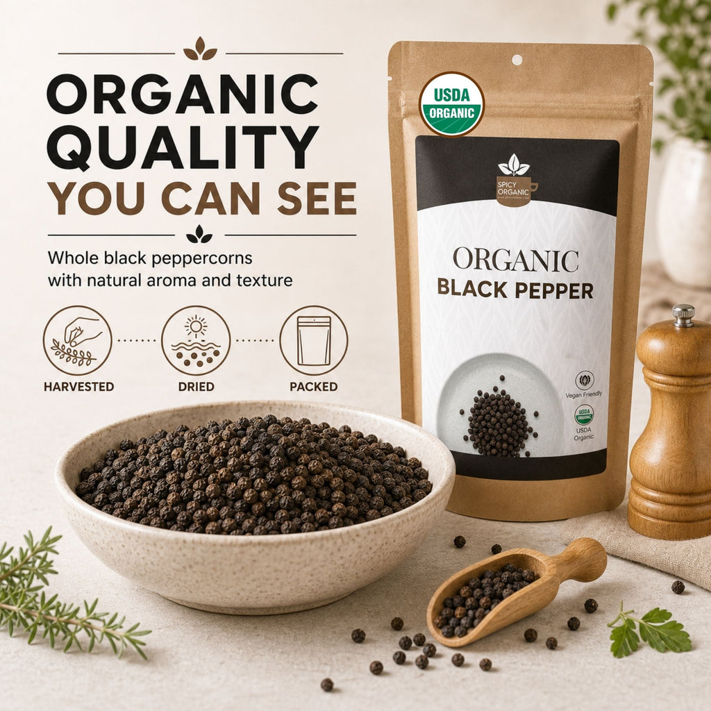 Organic Black Peppercorns — USDA Certified, Non-GMO | Grinding, Marinades & Spice Blends
