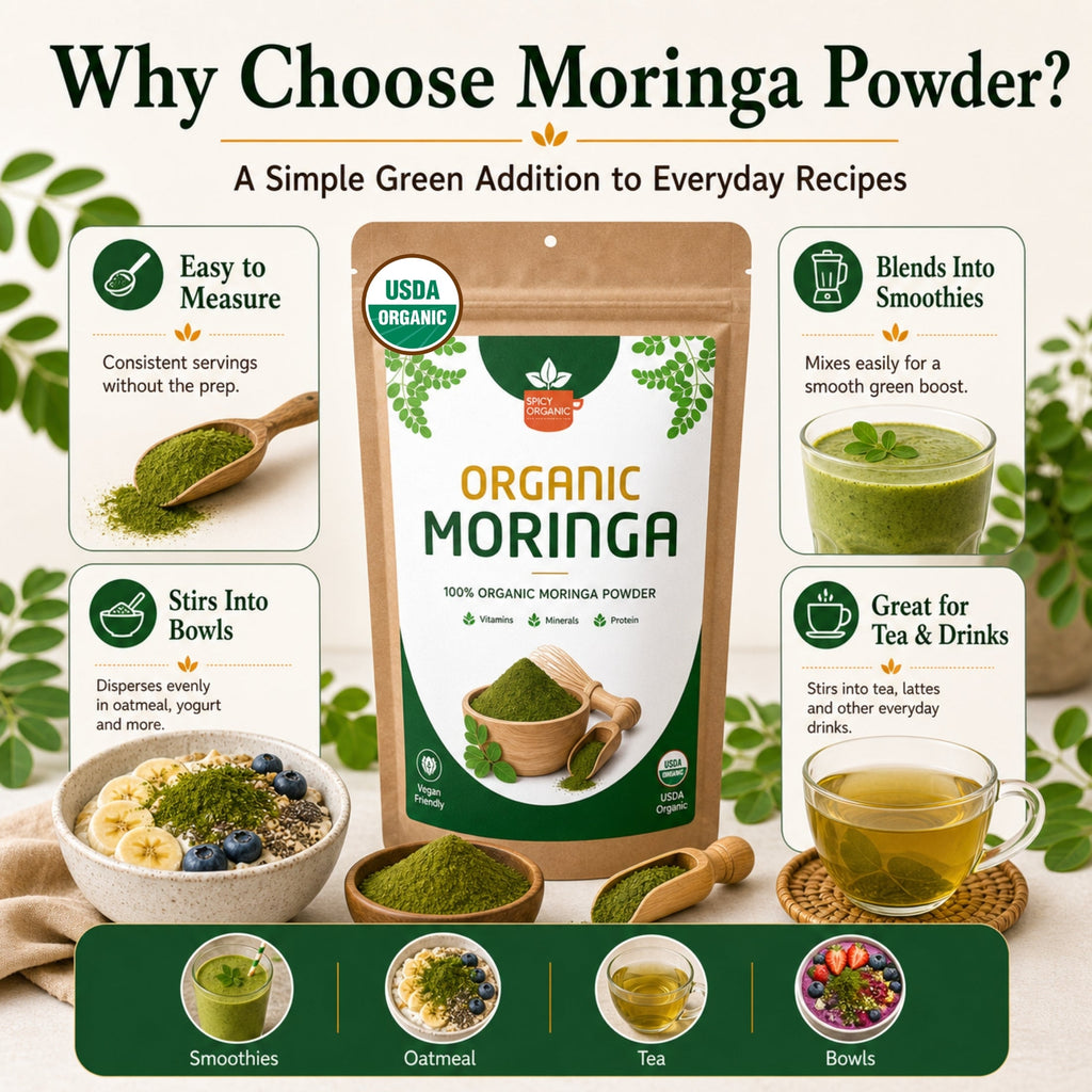 Organic Moringa Powder — USDA Certified | Smoothies, Golden Milk & Superfood Blends from India
