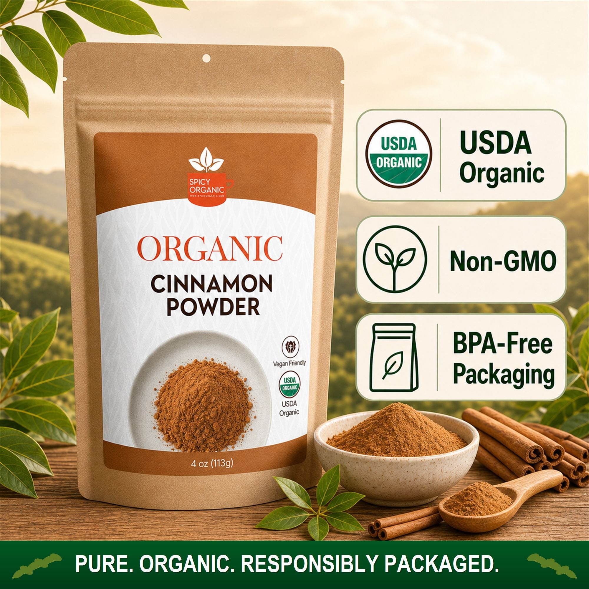 Organic Cassia Cinnamon Powder — USDA Certified, Non-GMO | Chai, Oatmeal & Spiced Baking