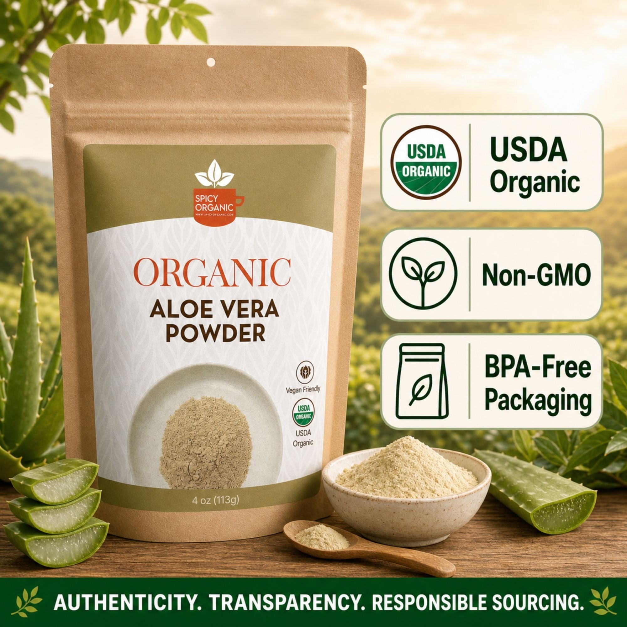 Organic Aloe Vera Powder – Inner Leaf Gel Only, Heavy Metal Tested | USDA Certified Organic