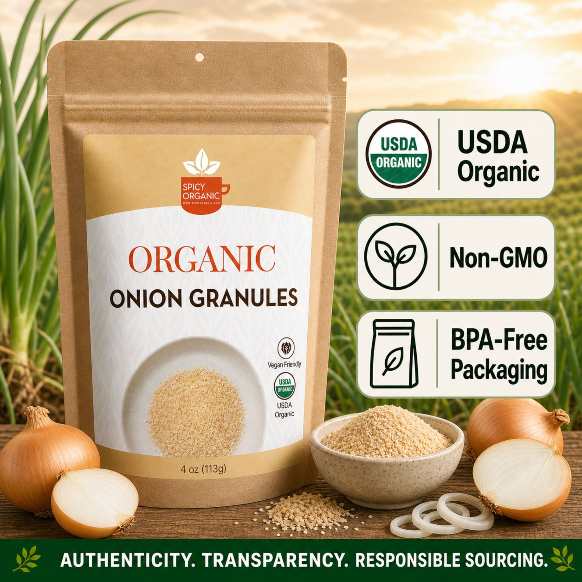 Organic Onion Granules — USDA Certified, Non-GMO | Marinades, Slow Cooking & Spice Rubs