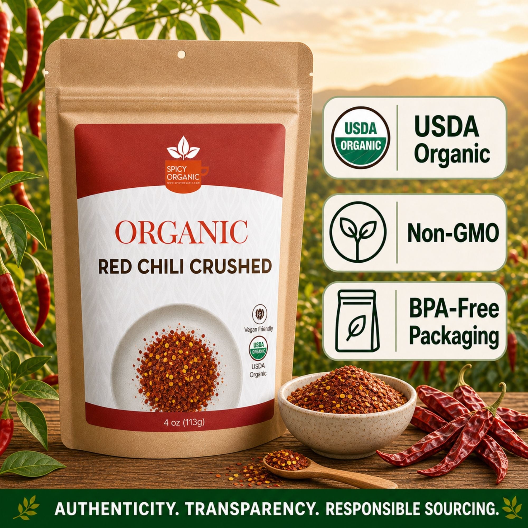 Organic Red Chili Flakes — USDA Certified, Non-GMO | Pizza, Curries & Spice Blends