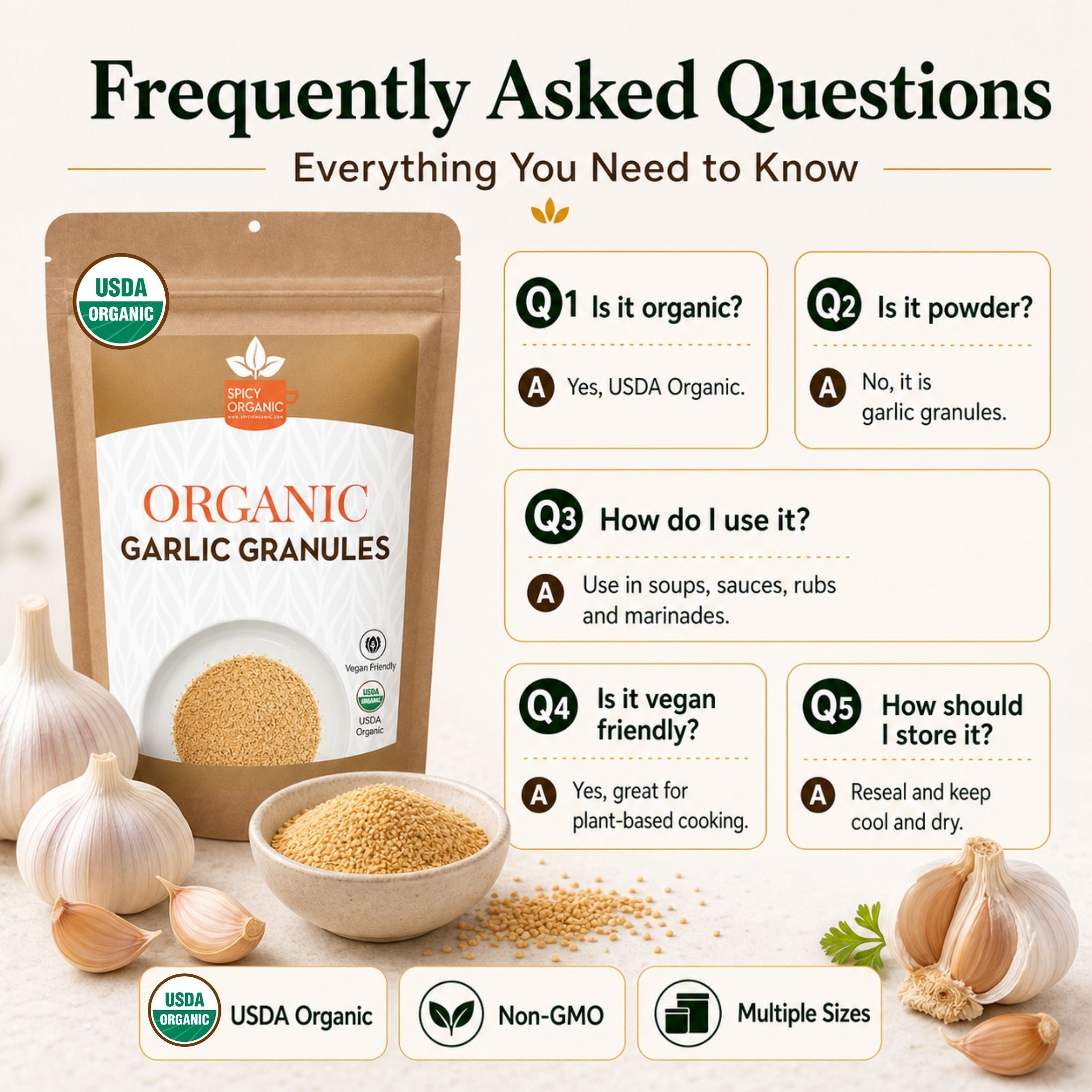 Organic Garlic Granules — USDA Certified, Non-GMO | Marinades, Spice Rubs & Roasting