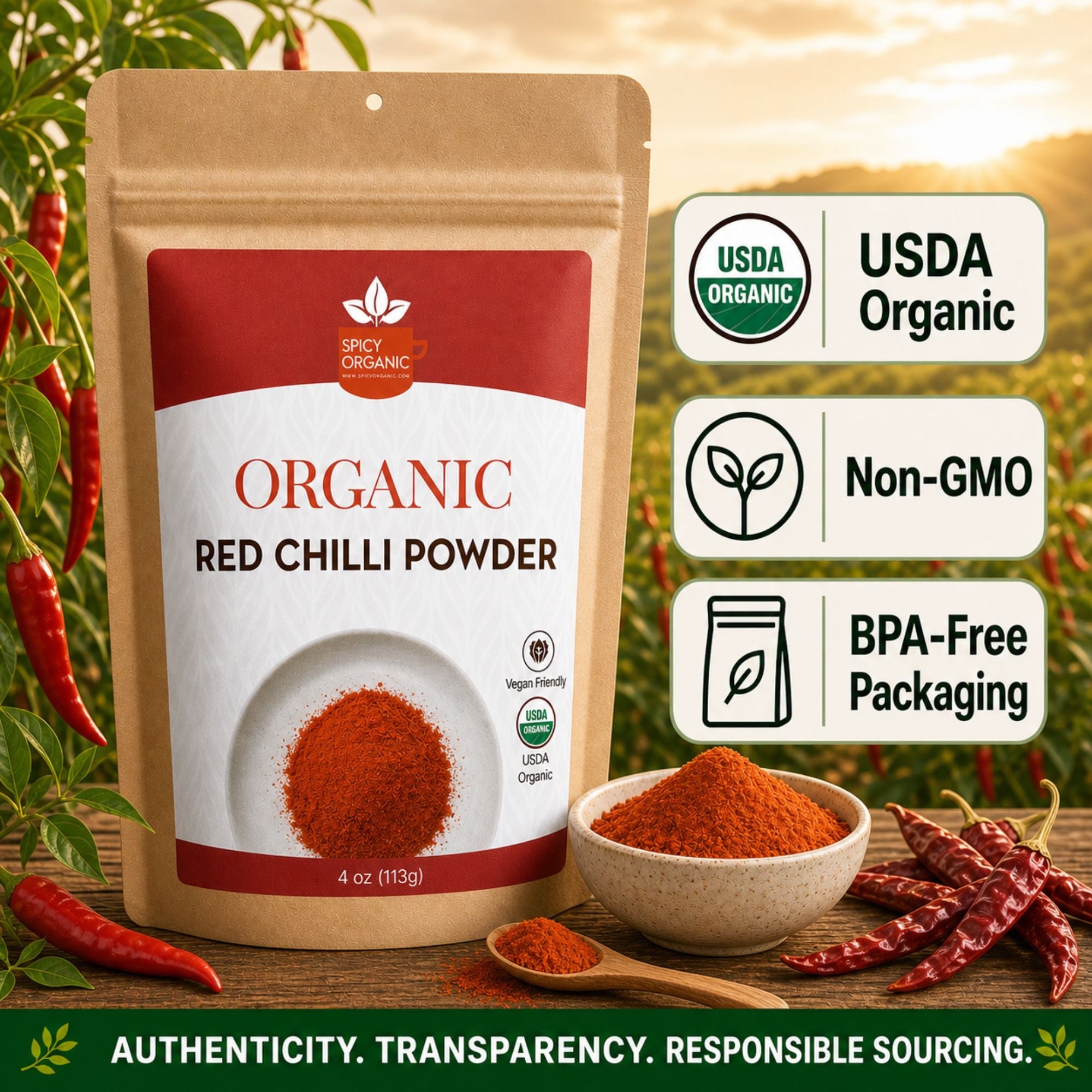 Organic Red Chili Powder — USDA Certified, Non-GMO | Curries, Marinades & Spice Blends