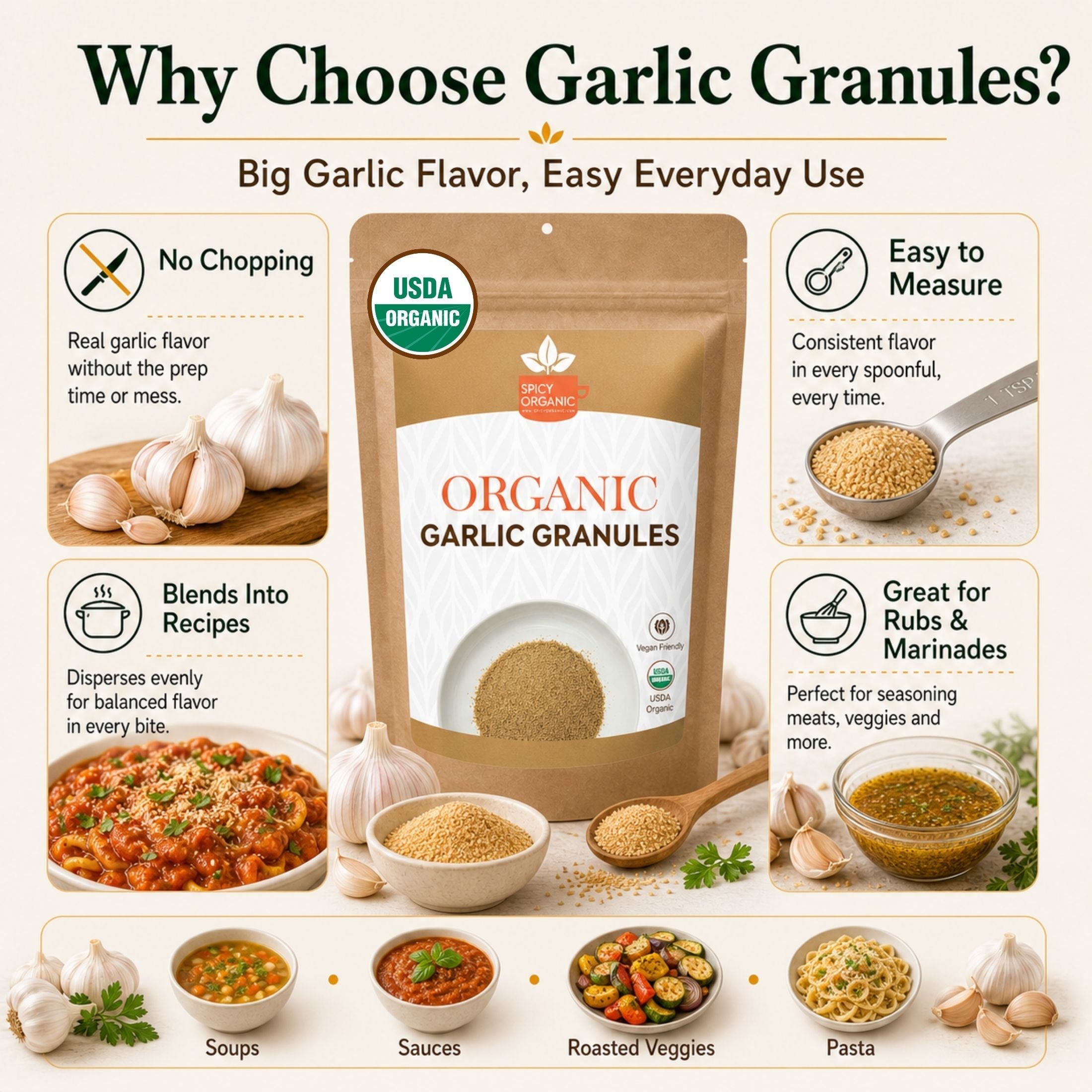 Organic Garlic Granules — USDA Certified, Non-GMO | Marinades, Spice Rubs & Roasting