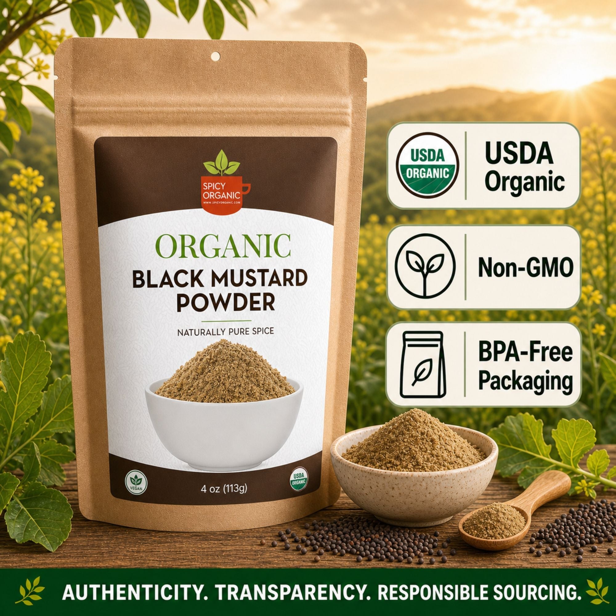 Organic Black Mustard Seed Powder – USDA Certified Organic Ground Mustard for Cooking & Seasoning