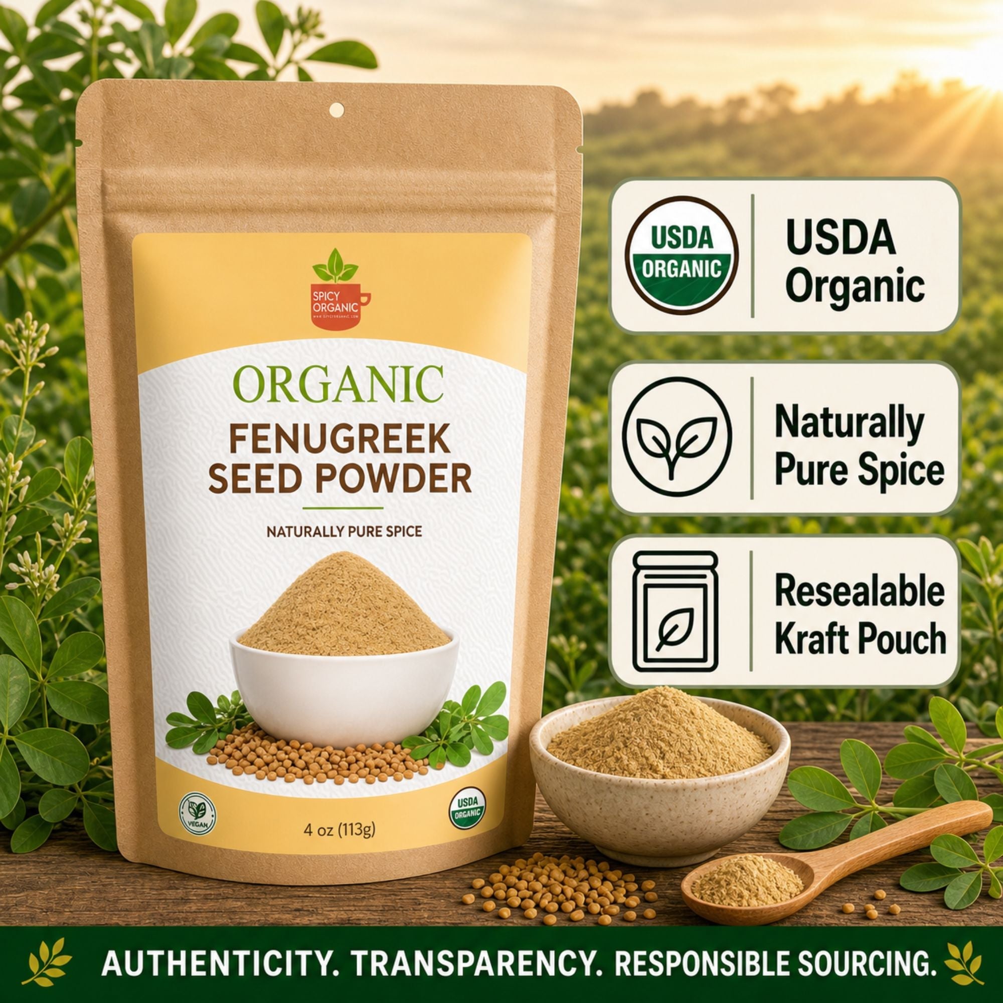 Organic Fenugreek Seed Powder – USDA Certified Ground Methi for Curries, Spice Blends & Tea