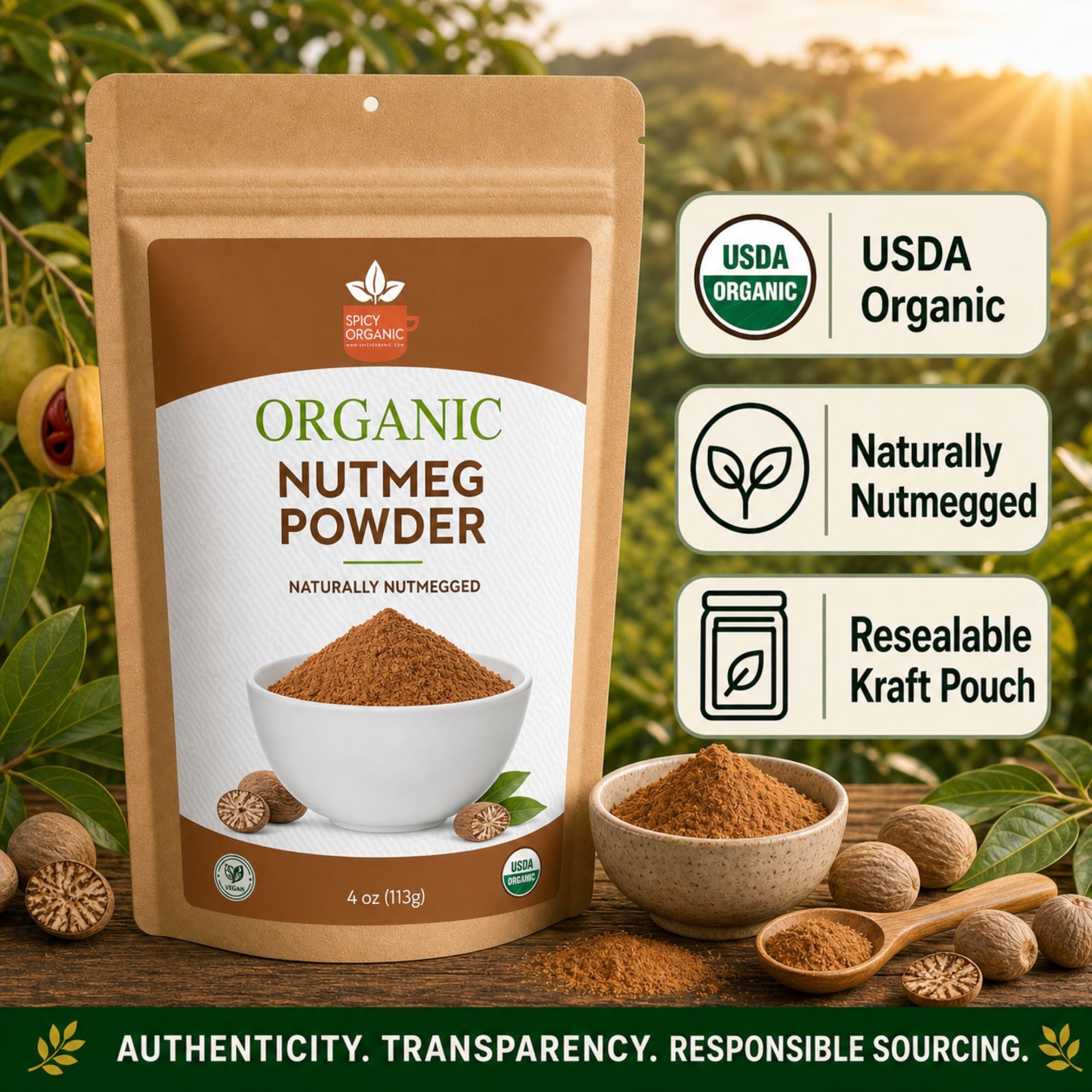 Organic Nutmeg Powder — USDA Certified | Béchamel, Eggnog & Spiced Baking