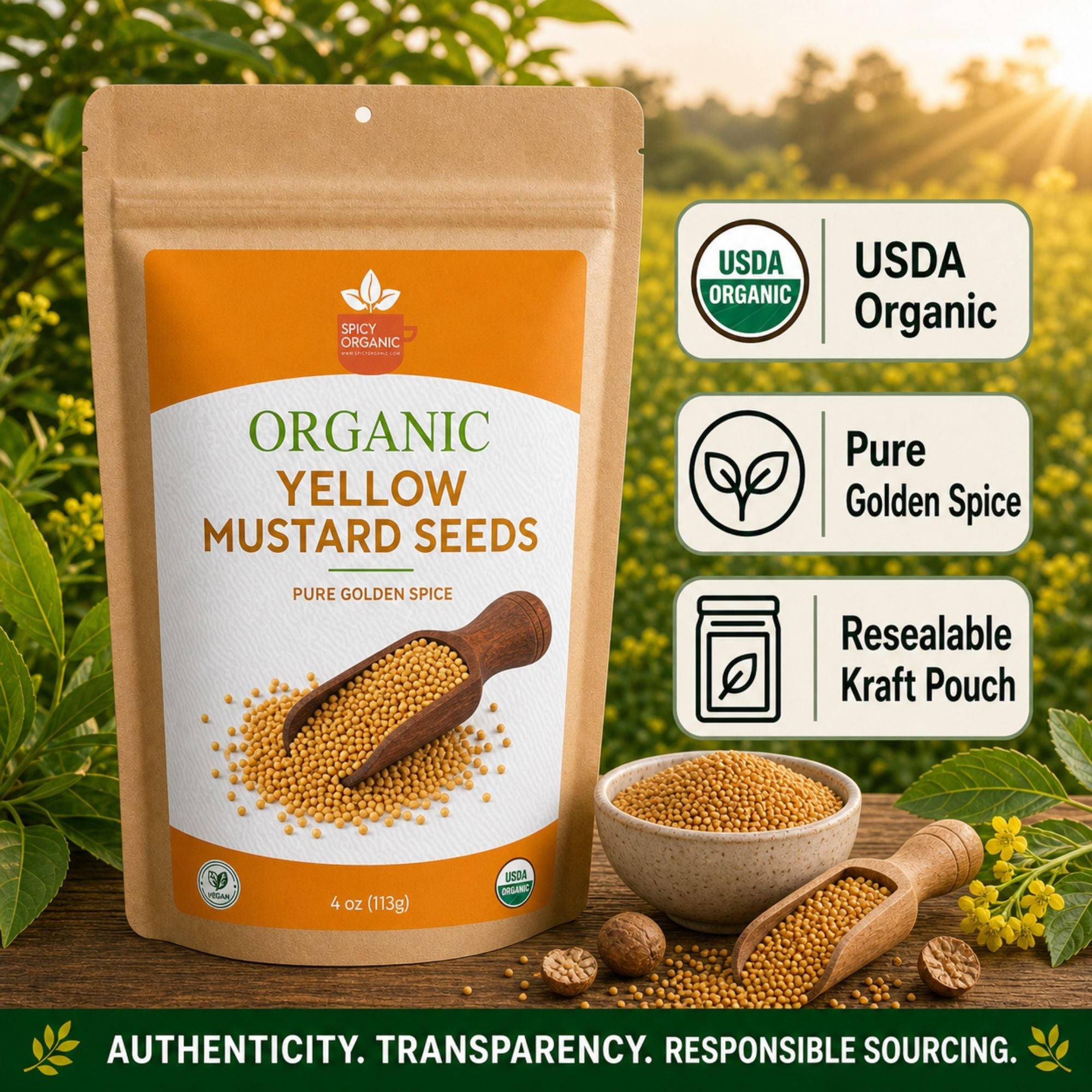 Organic Yellow Mustard Seeds – USDA Certified Organic Whole Mustard Seeds for Pickling & Cooking