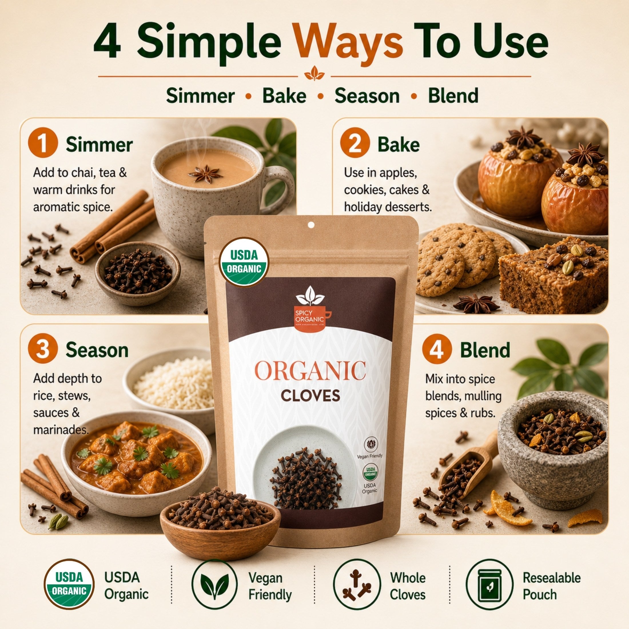 Organic Whole Cloves — USDA Certified, Non-GMO | Mulled Wine, Biryani & Spiced Tea