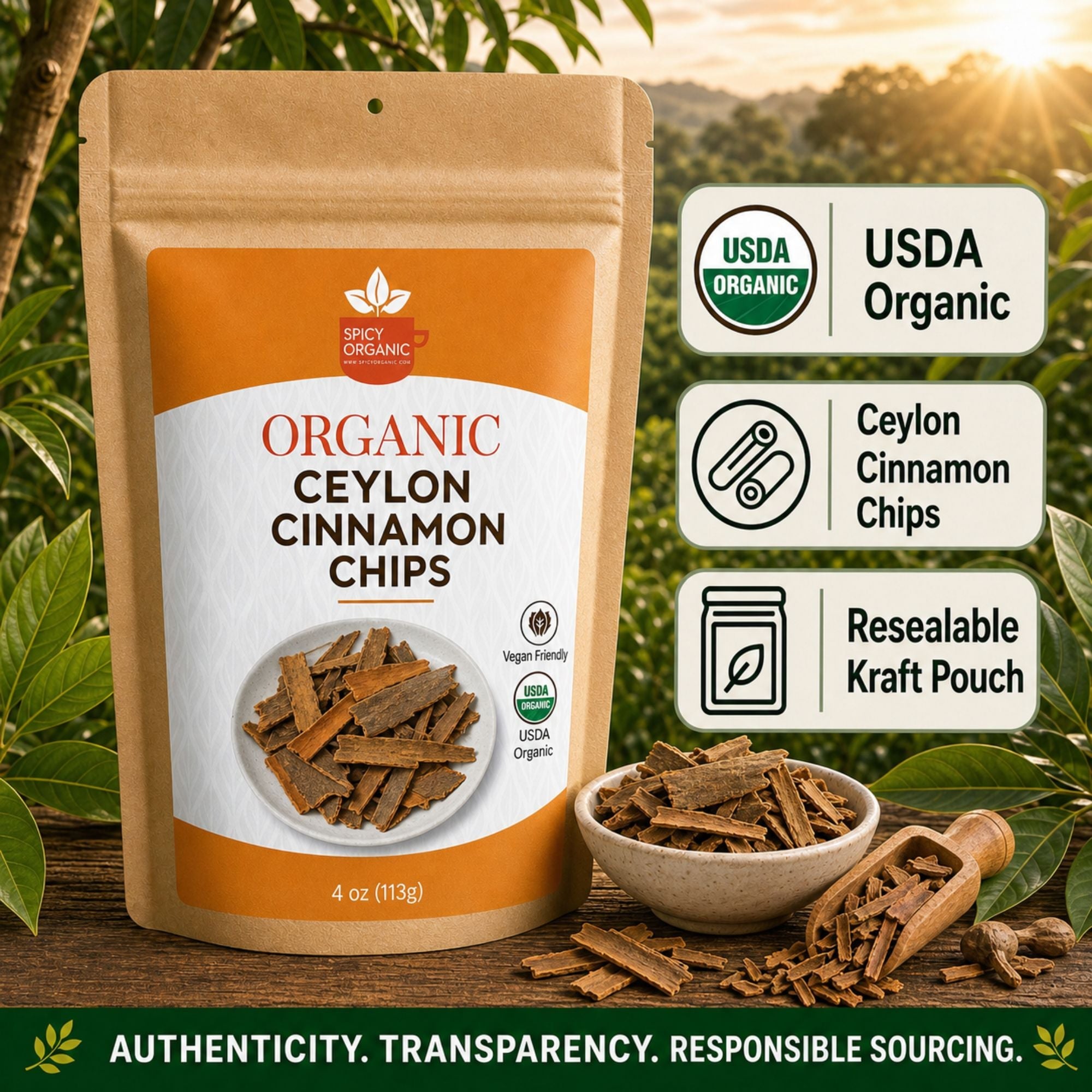 Organic Ceylon Cinnamon Chips — USDA Certified | Herbal Tea, Grinding & Mulled Drinks