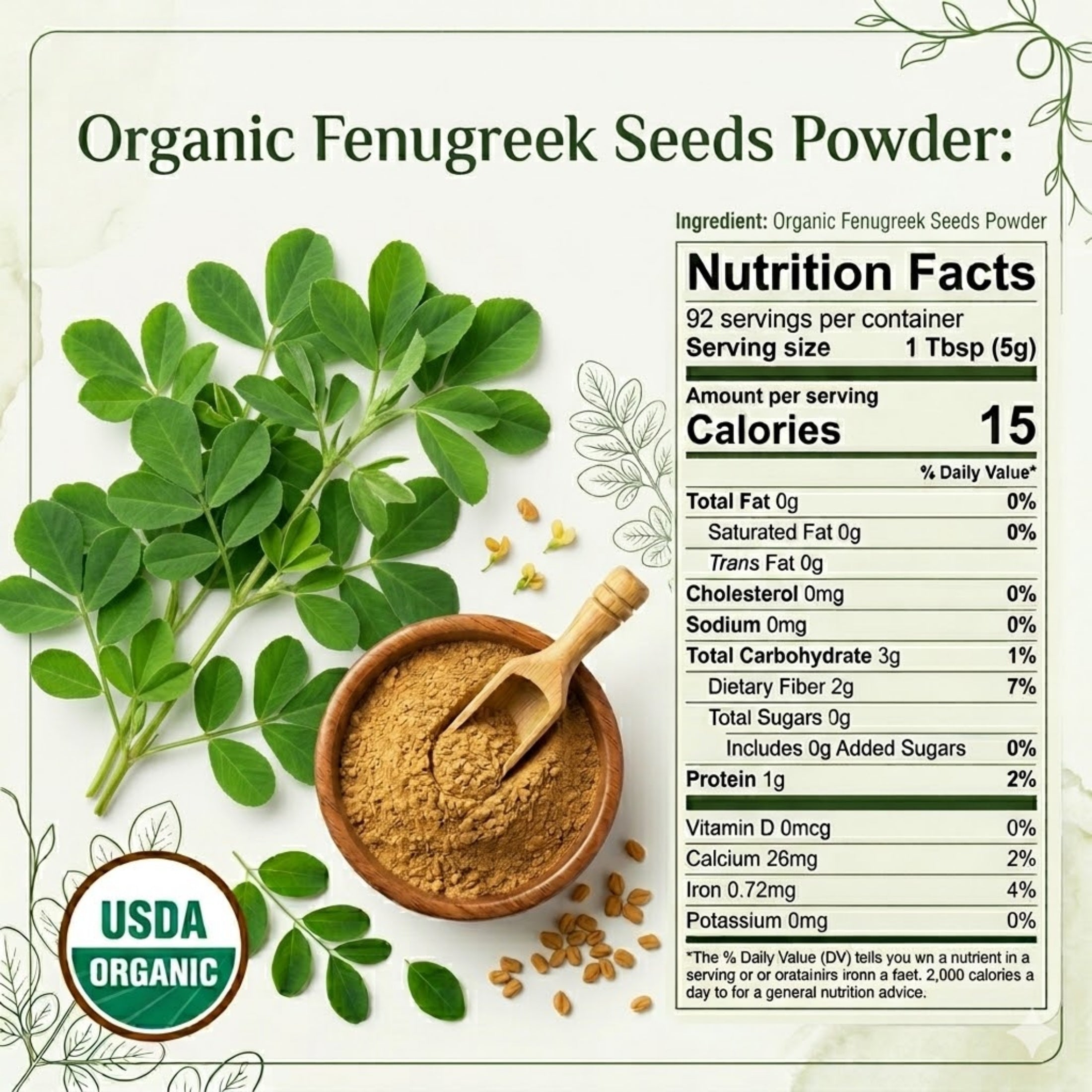 Organic Fenugreek Seed Powder – USDA Certified Ground Methi for Curries, Spice Blends & Tea
