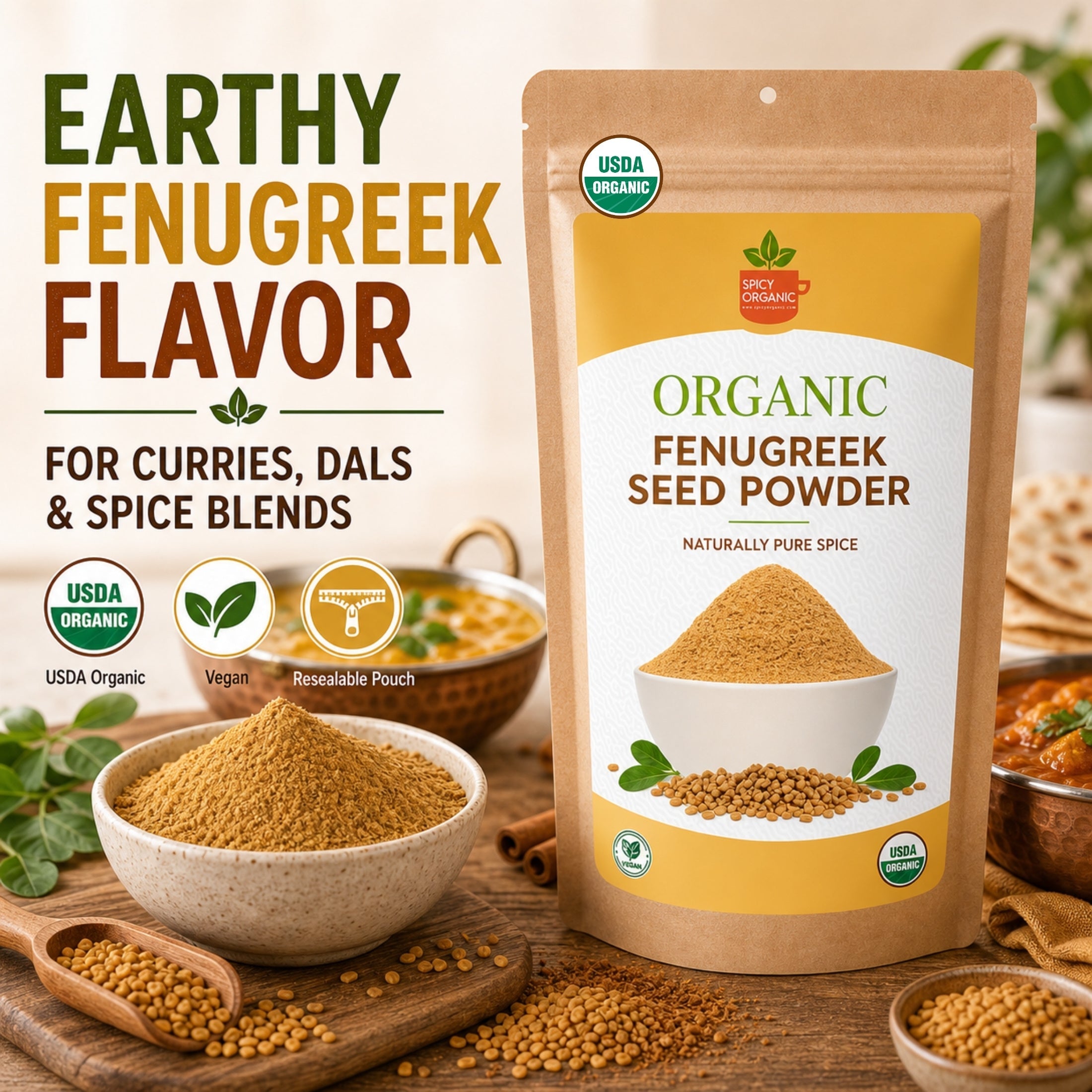 Organic Fenugreek Seed Powder – USDA Certified Ground Methi for Curries, Spice Blends & Tea