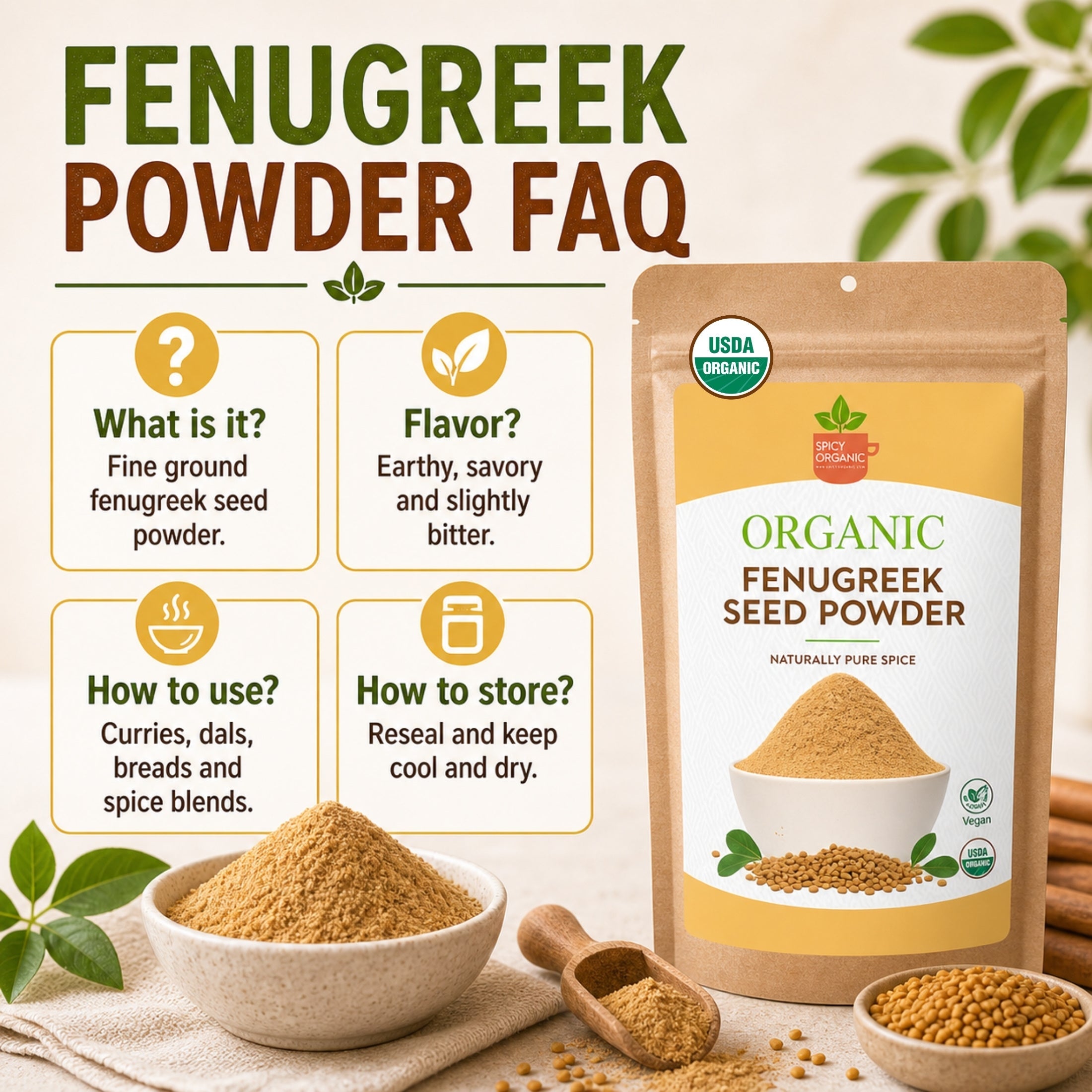 Organic Fenugreek Seed Powder – USDA Certified Ground Methi for Curries, Spice Blends & Tea