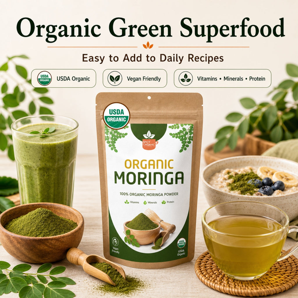 Organic Moringa Powder — USDA Certified | Smoothies, Golden Milk & Superfood Blends from India