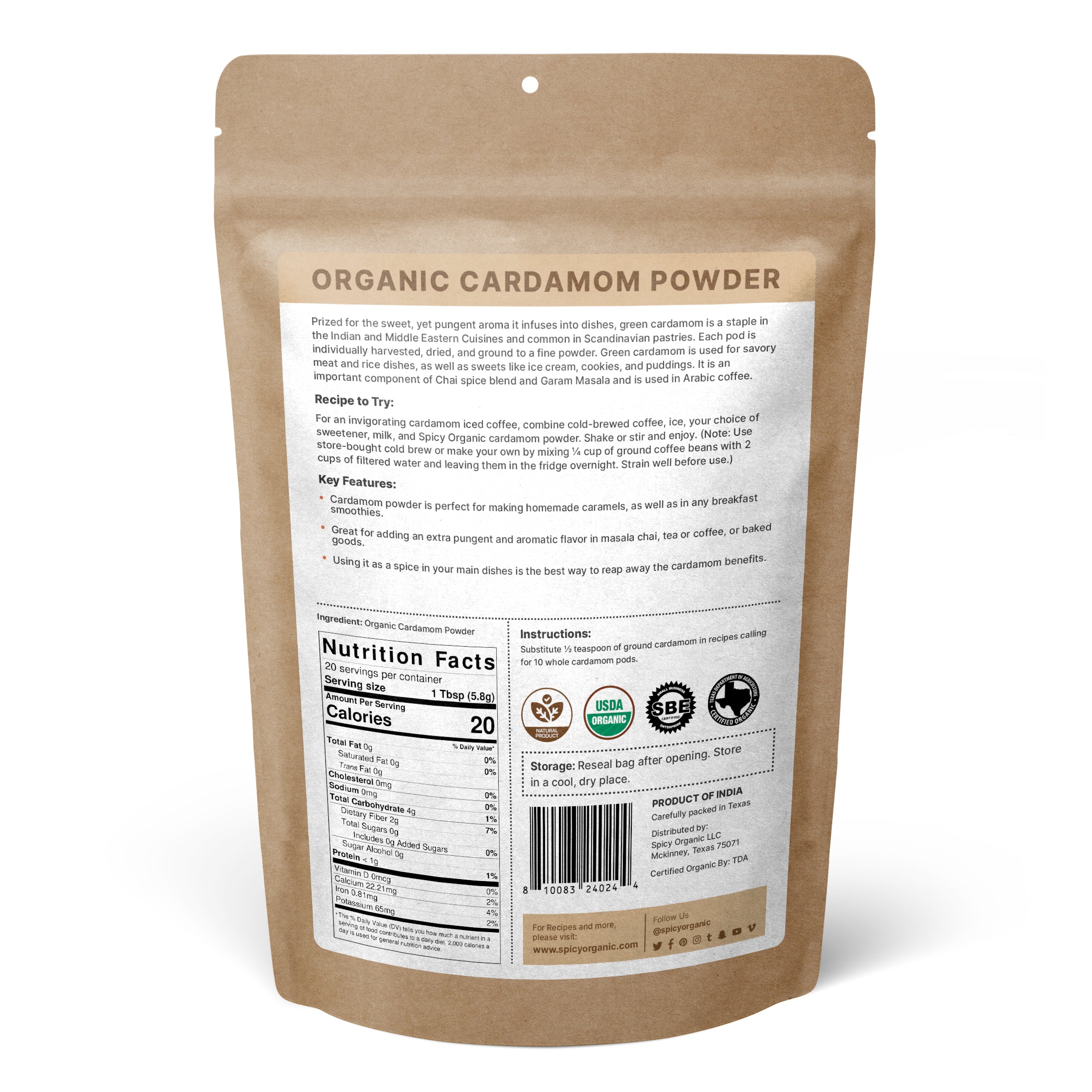Organic Cardamom Powder — USDA Certified, Non-GMO | Chai, Baking & Golden Milk
