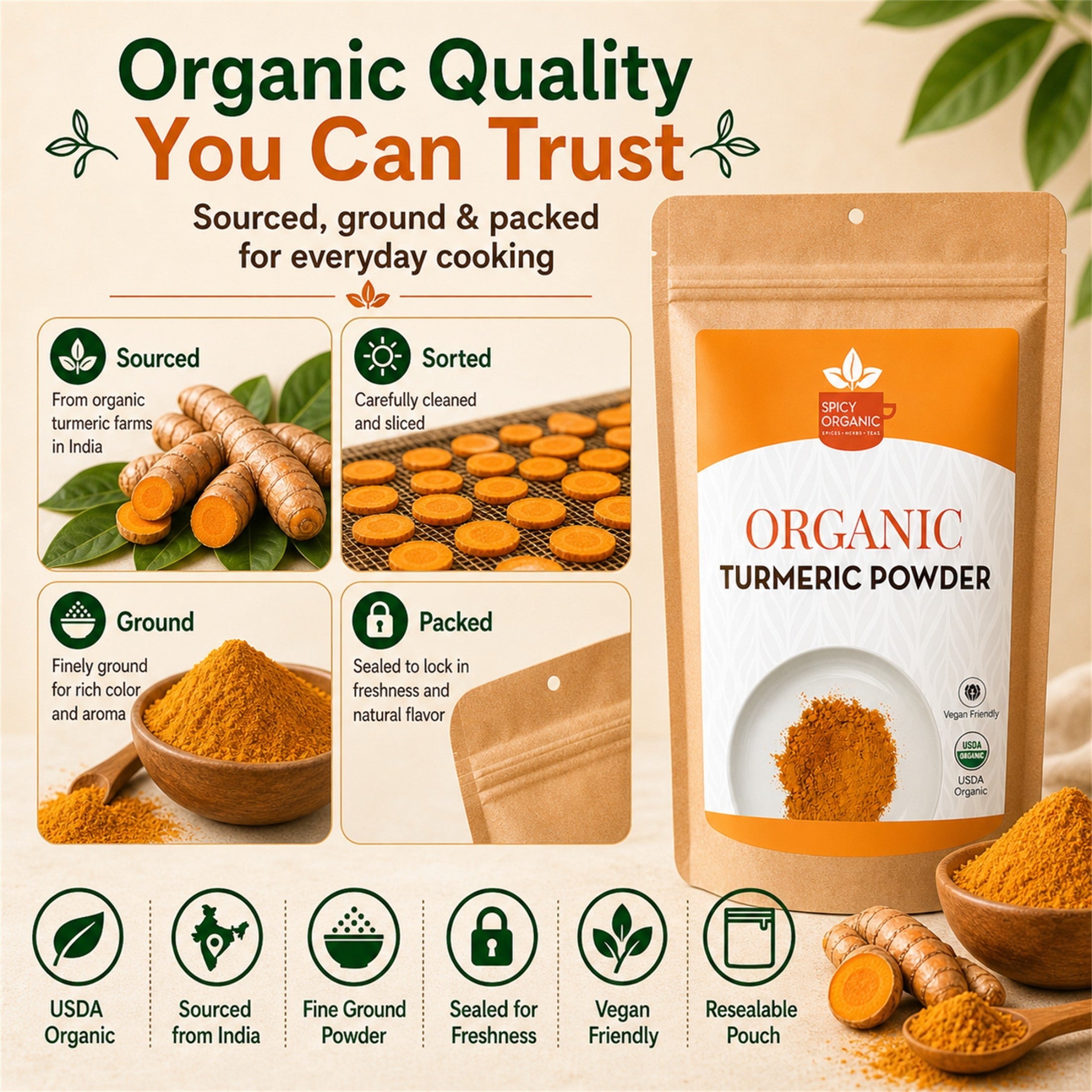 Organic Turmeric Powder — USDA Certified, Non-GMO | Golden Milk, Curries & Spice Blends