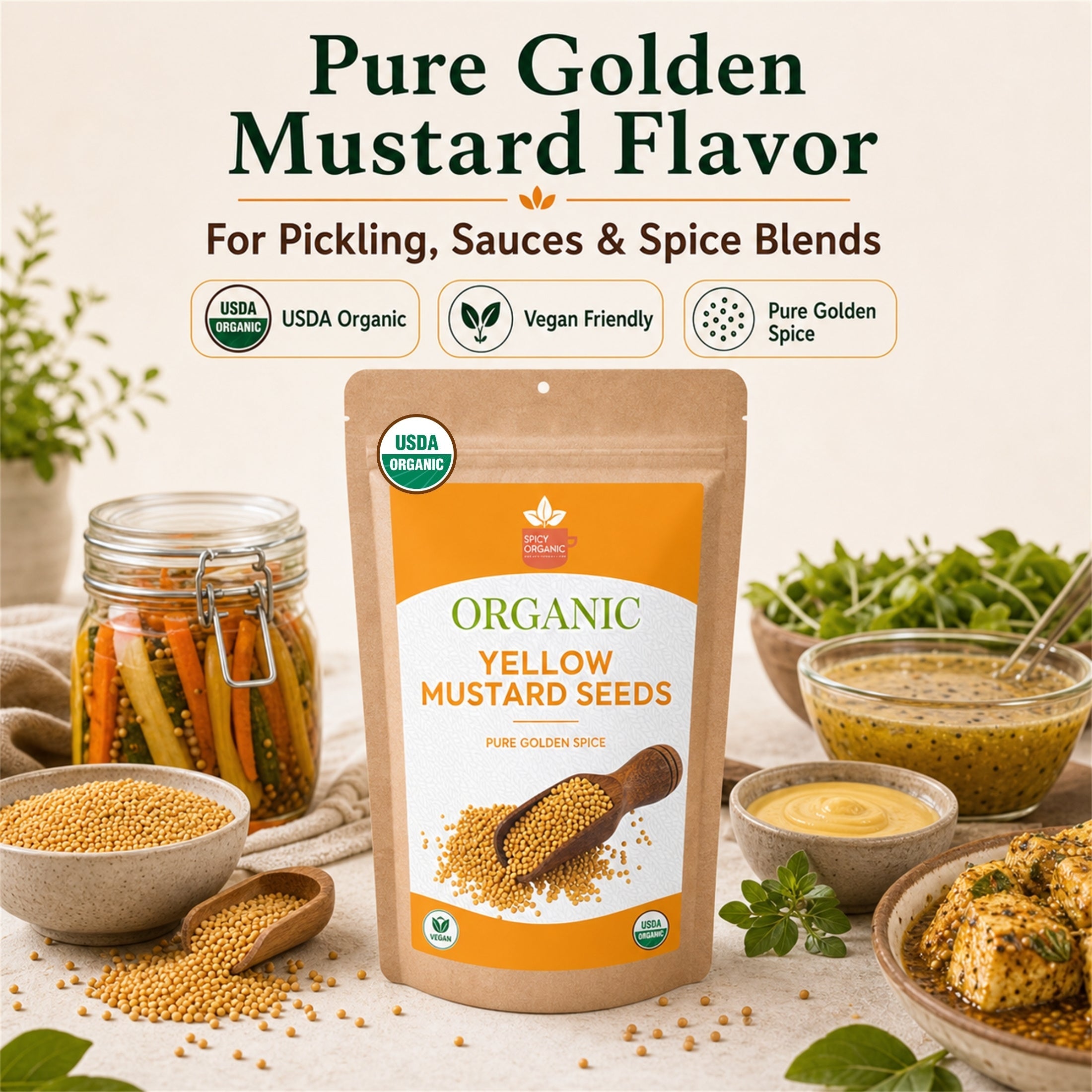 Organic Yellow Mustard Seeds – USDA Certified Organic Whole Mustard Seeds for Pickling & Cooking