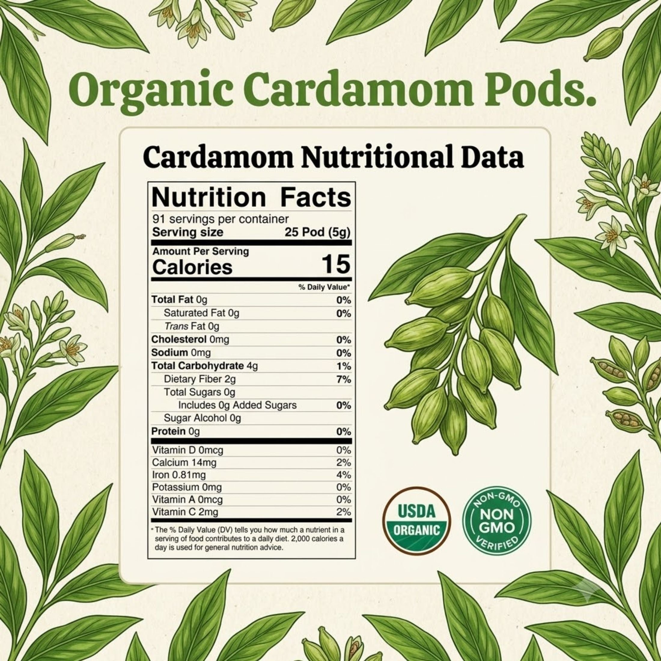 Organic Cardamom Pods — USDA Certified, Non-GMO | Jumbo Green Pods, Chai & Biryani