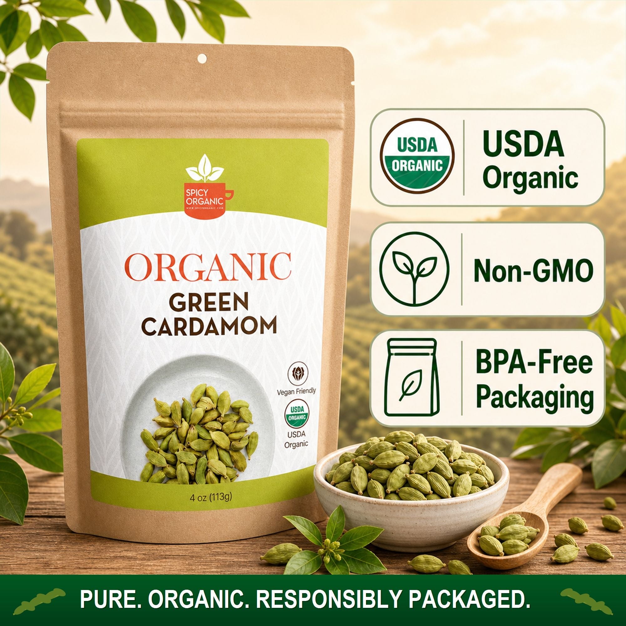 Organic Cardamom Pods — USDA Certified, Non-GMO | Jumbo Green Pods, Chai & Biryani