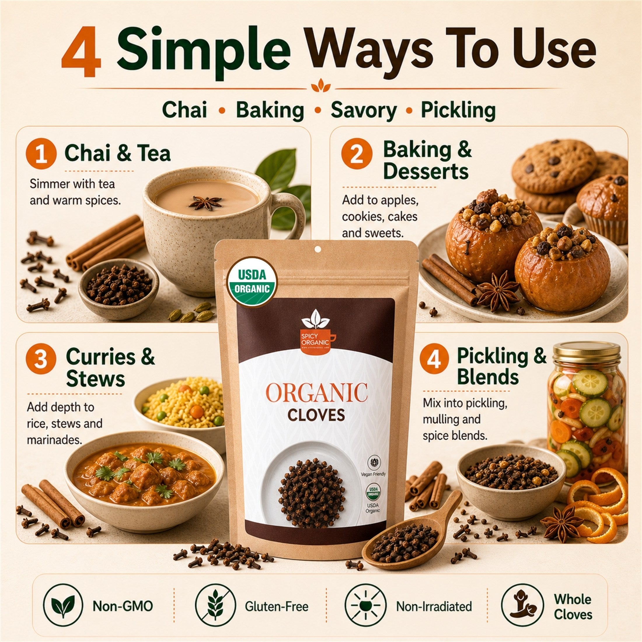 Organic Whole Cloves — USDA Certified, Non-GMO | Mulled Wine, Biryani & Spiced Tea