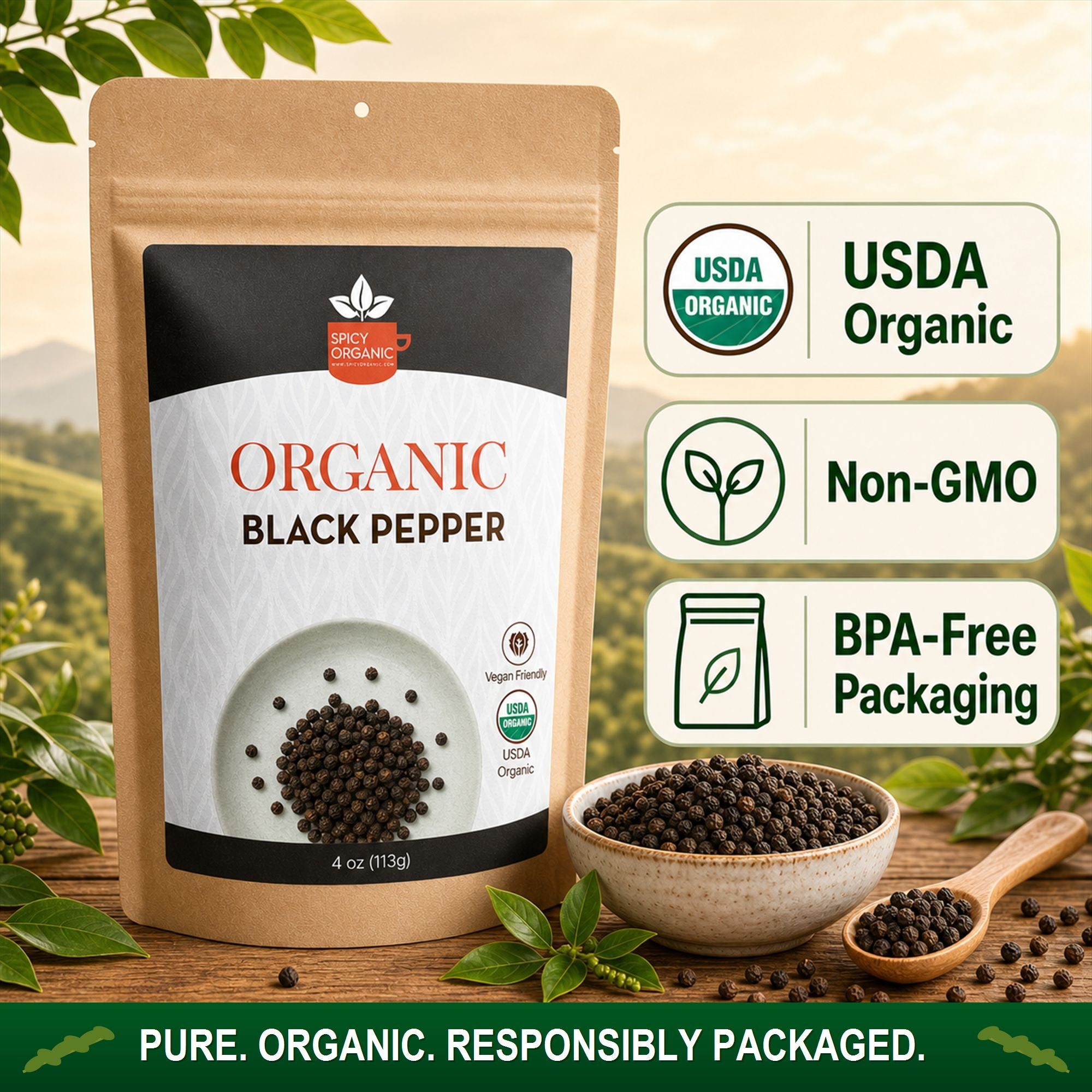 Organic Black Peppercorns — USDA Certified, Non-GMO | Grinding, Marinades & Spice Blends