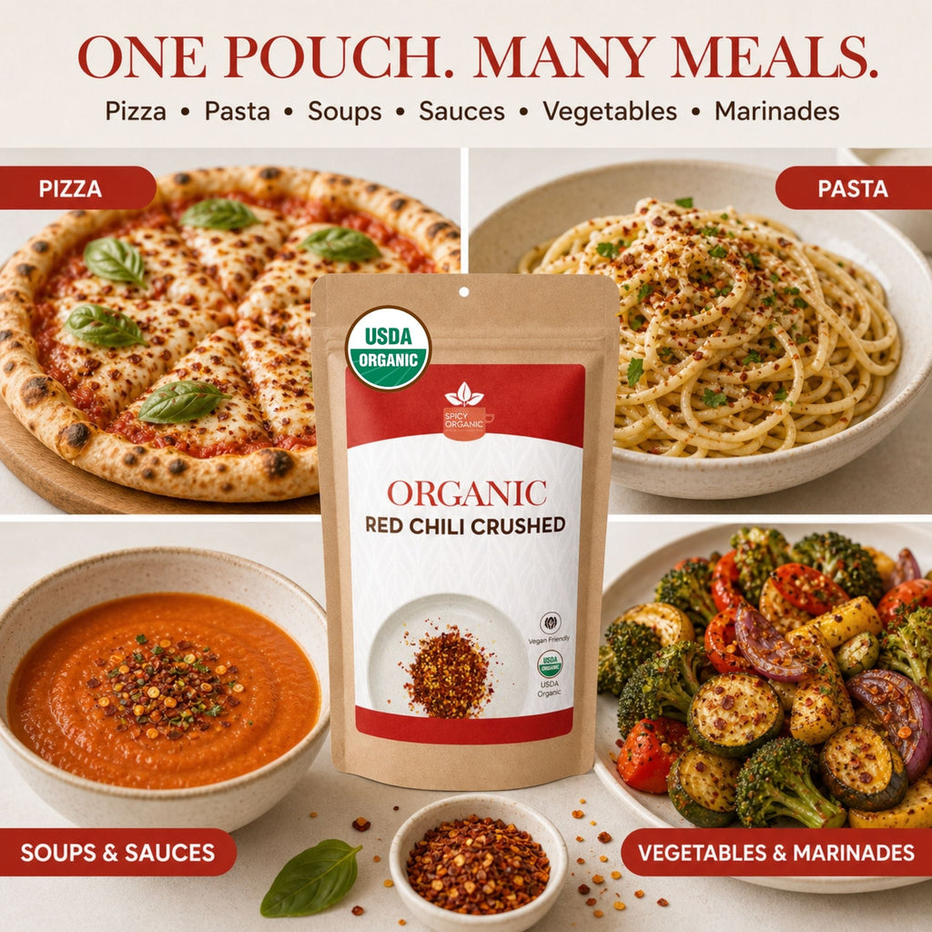 Organic Red Chili Flakes — USDA Certified, Non-GMO | Pizza, Curries & Spice Blends