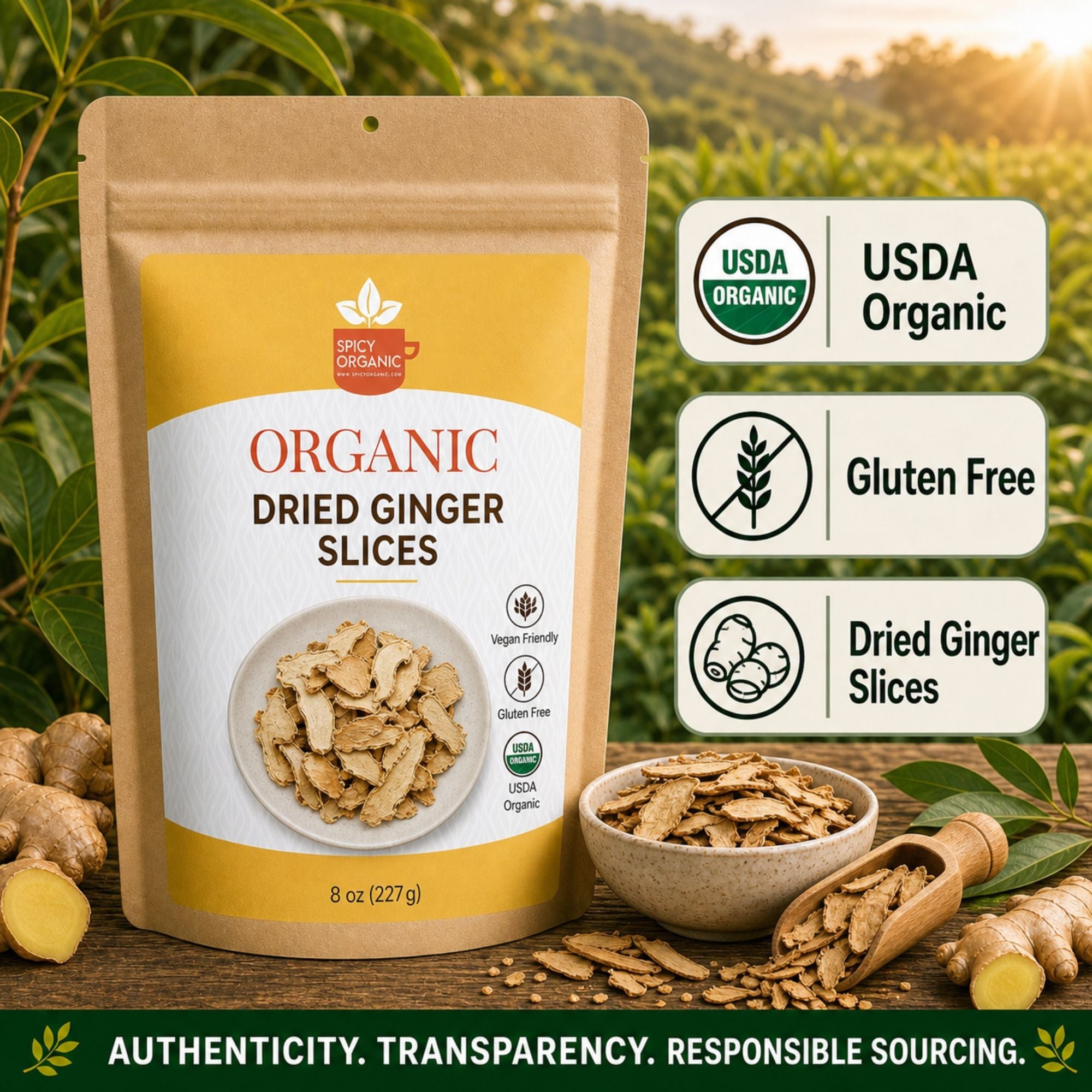 Organic Dried Ginger Slices – USDA Certified Organic Ginger Root for Tea & Cooking