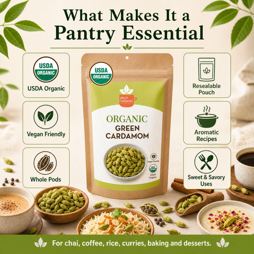 Organic Cardamom Pods — USDA Certified, Non-GMO | Jumbo Green Pods, Chai & Biryani
