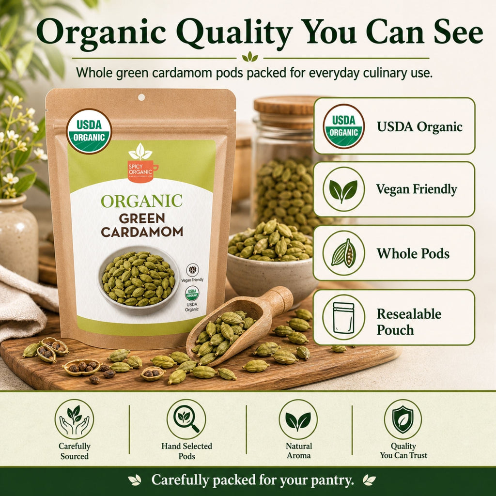 Organic Cardamom Pods — USDA Certified, Non-GMO | Jumbo Green Pods, Chai & Biryani