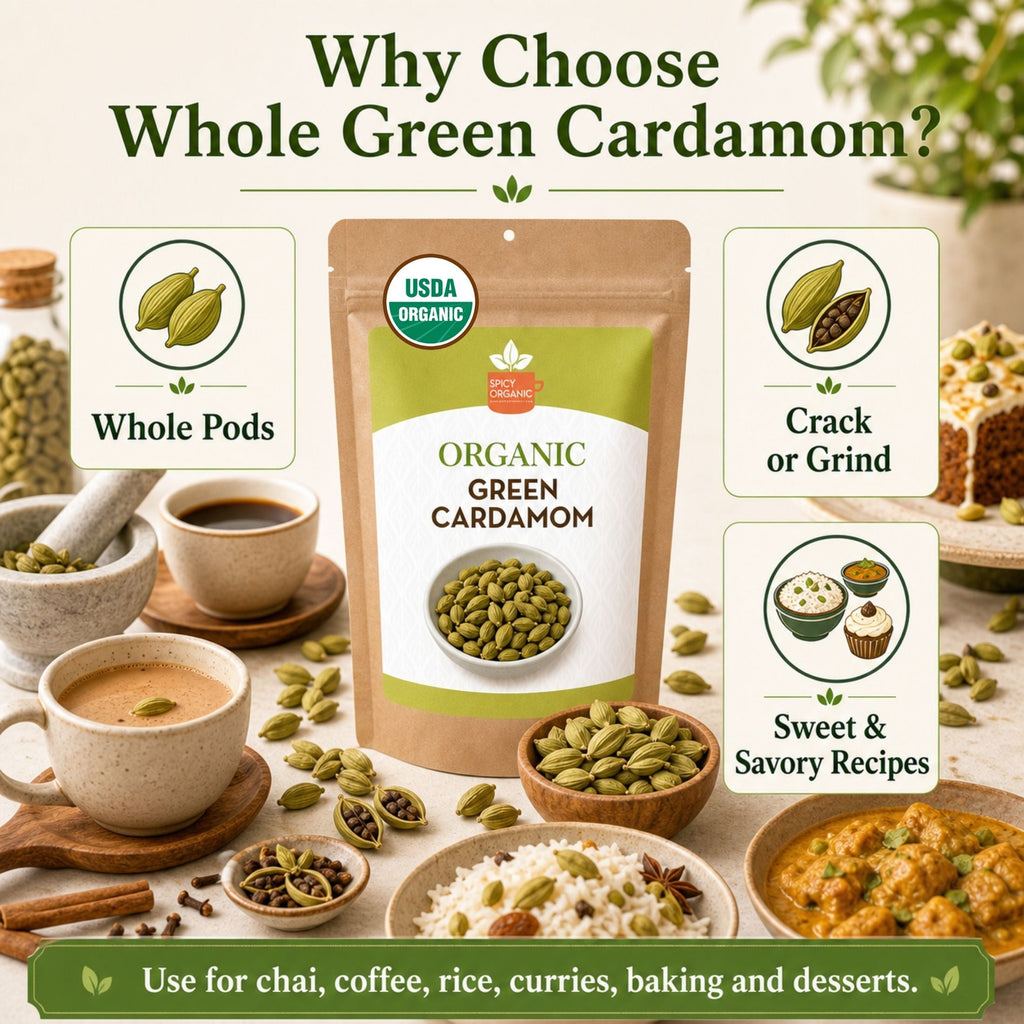 Organic Cardamom Pods — USDA Certified, Non-GMO | Jumbo Green Pods, Chai & Biryani